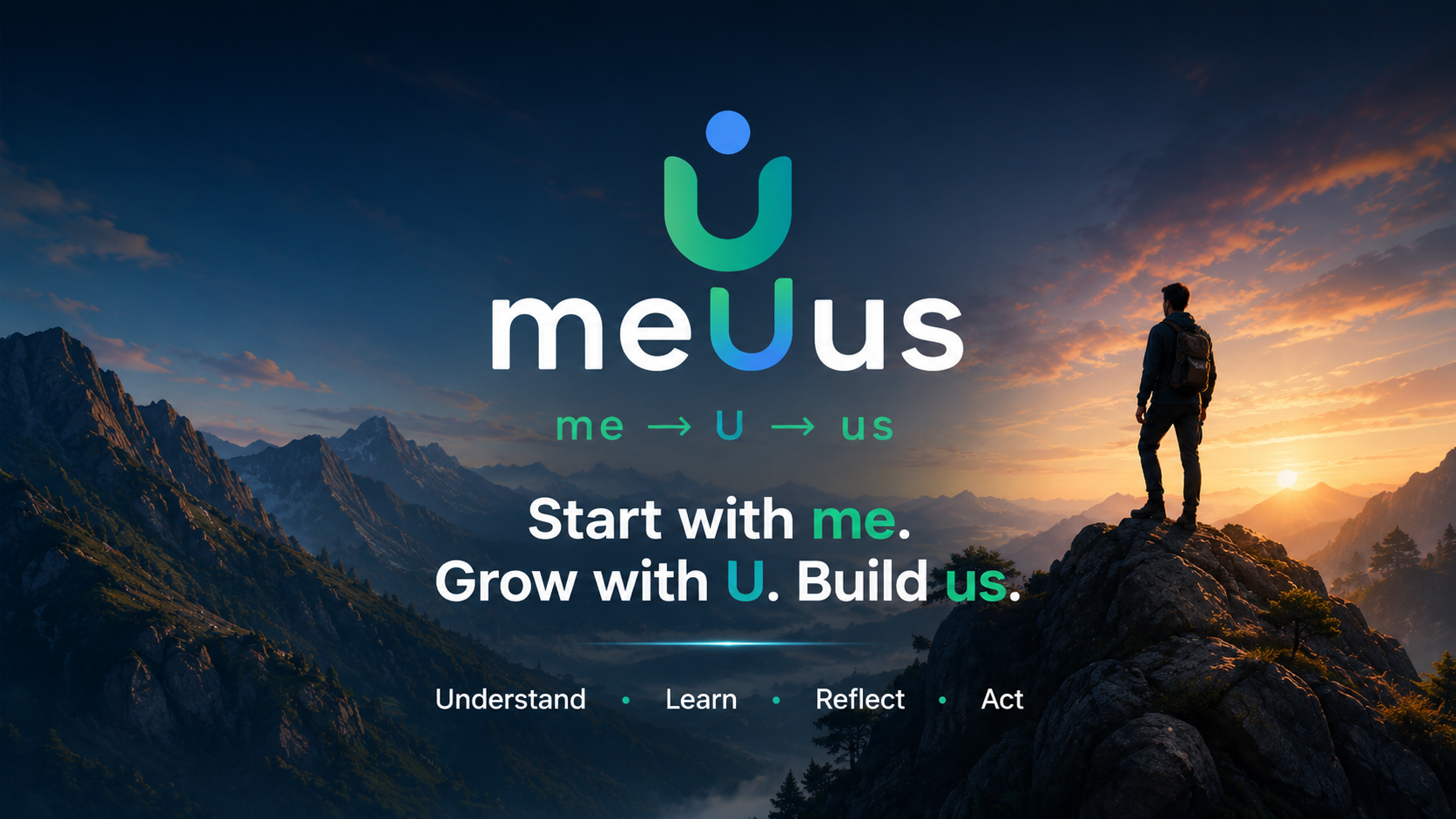 A person looking toward a mountain horizon, representing the meUus starting-point journey
